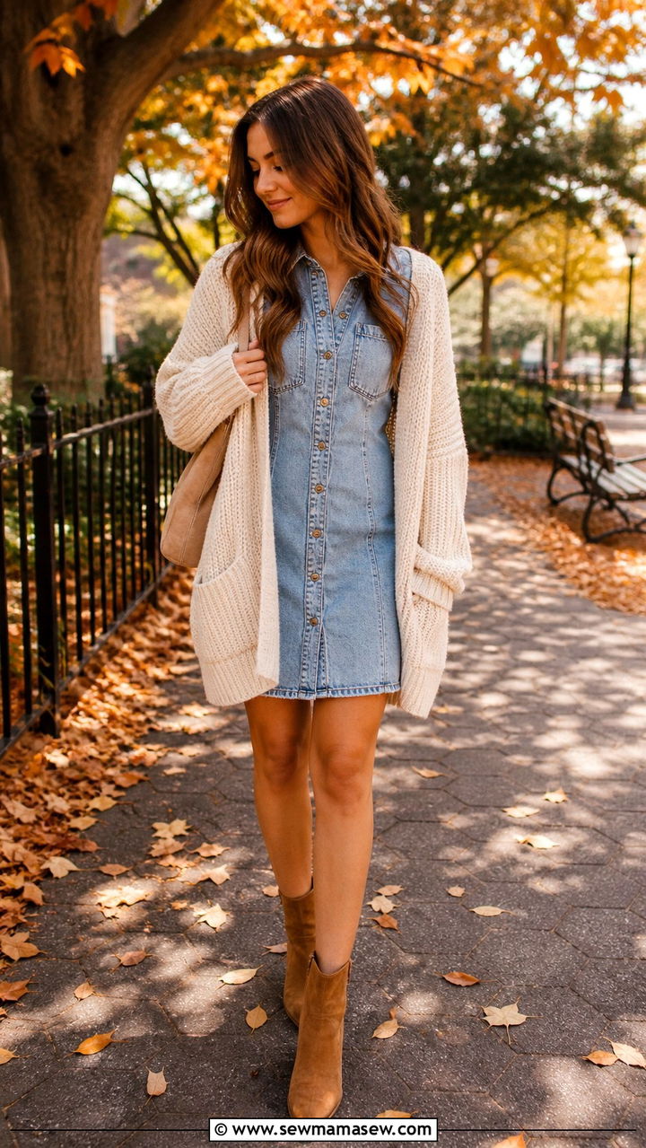 Denim Dress With Chunky Cardigan - 40 Denim dress outfit ideas