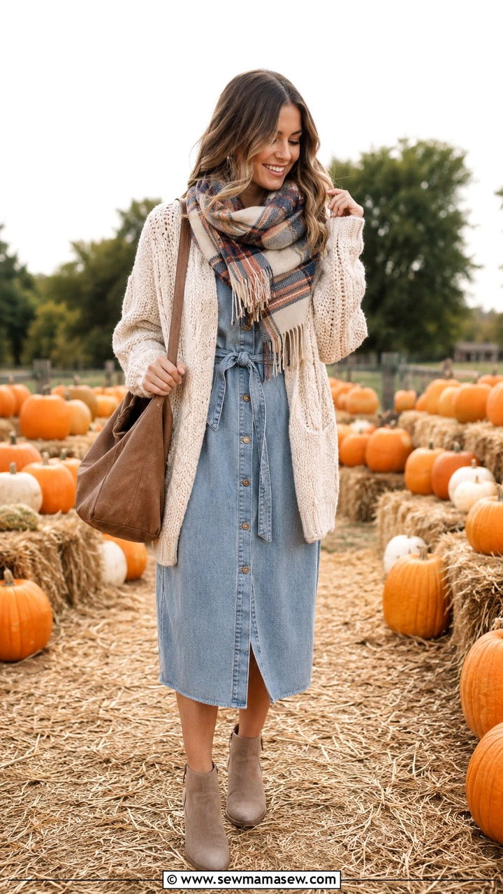 Denim Dress With Chunky Knit Cardigan - 30 How to style a denim dress