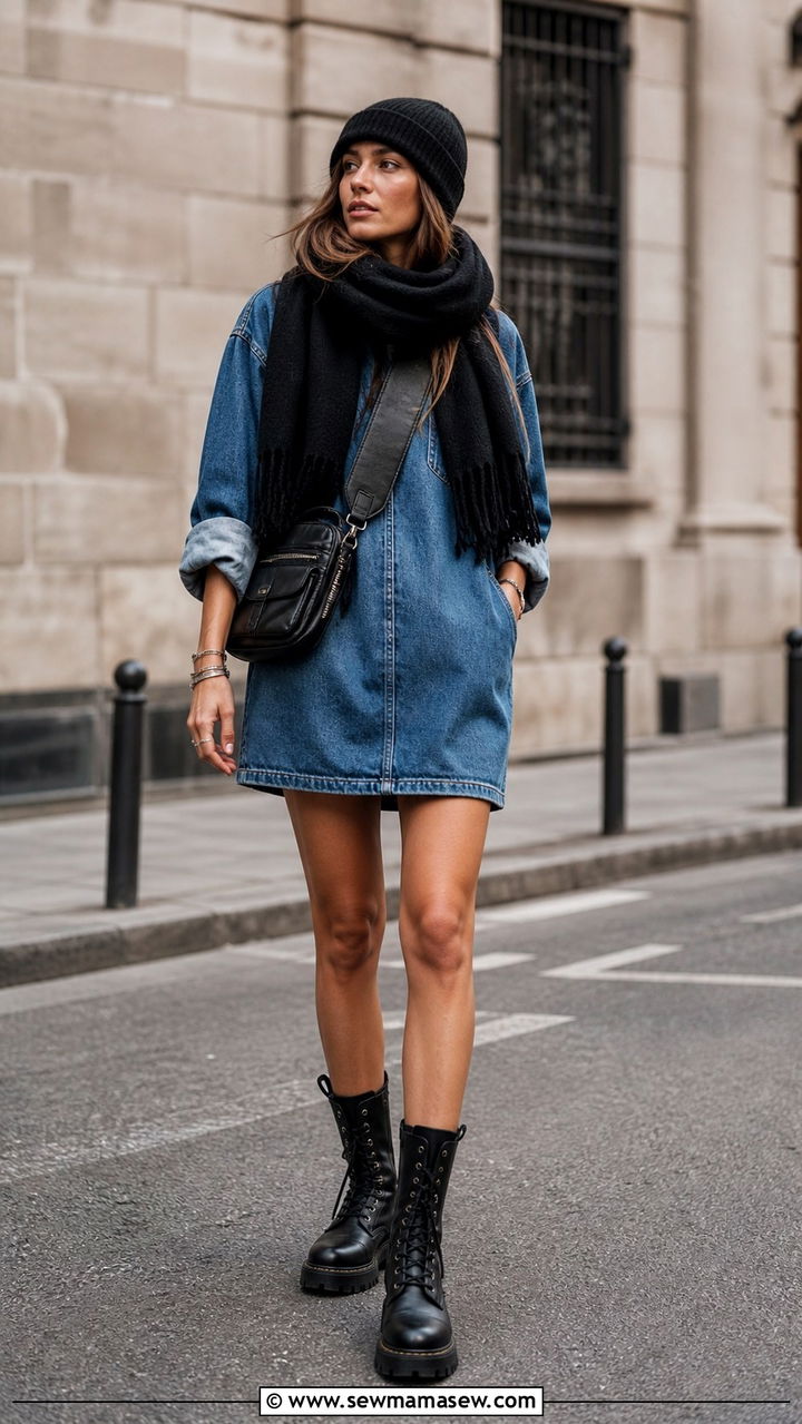 Denim Dress With Combat Boots And Crossbody Bag - 40 Denim dress outfit ideas