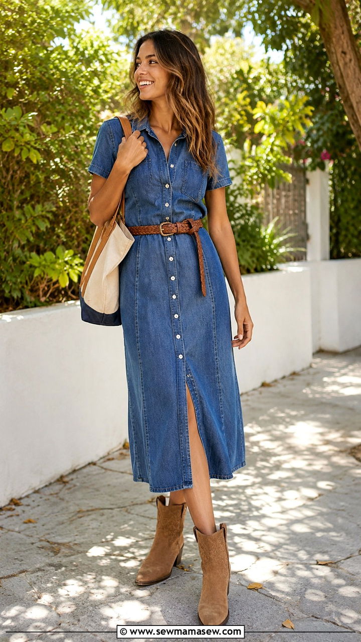 Denim Dress With Cowboy Ankle Boots - 30 spring boots outfit ideas