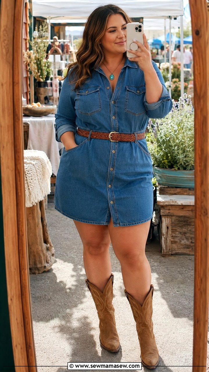 Denim Dress With Cowboy Boots - 25 Western outfit ideas plus size