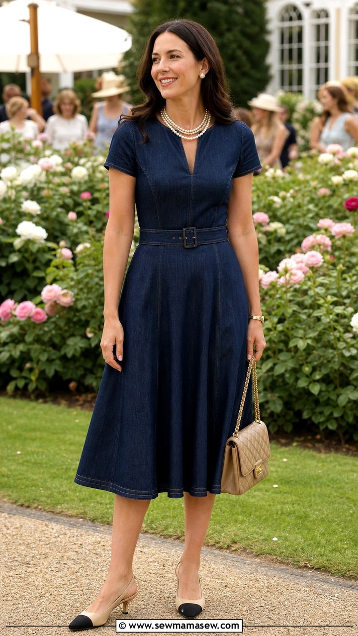 Denim Dress With Pearls And Slingback Heels - 40 Denim dress outfit ideas