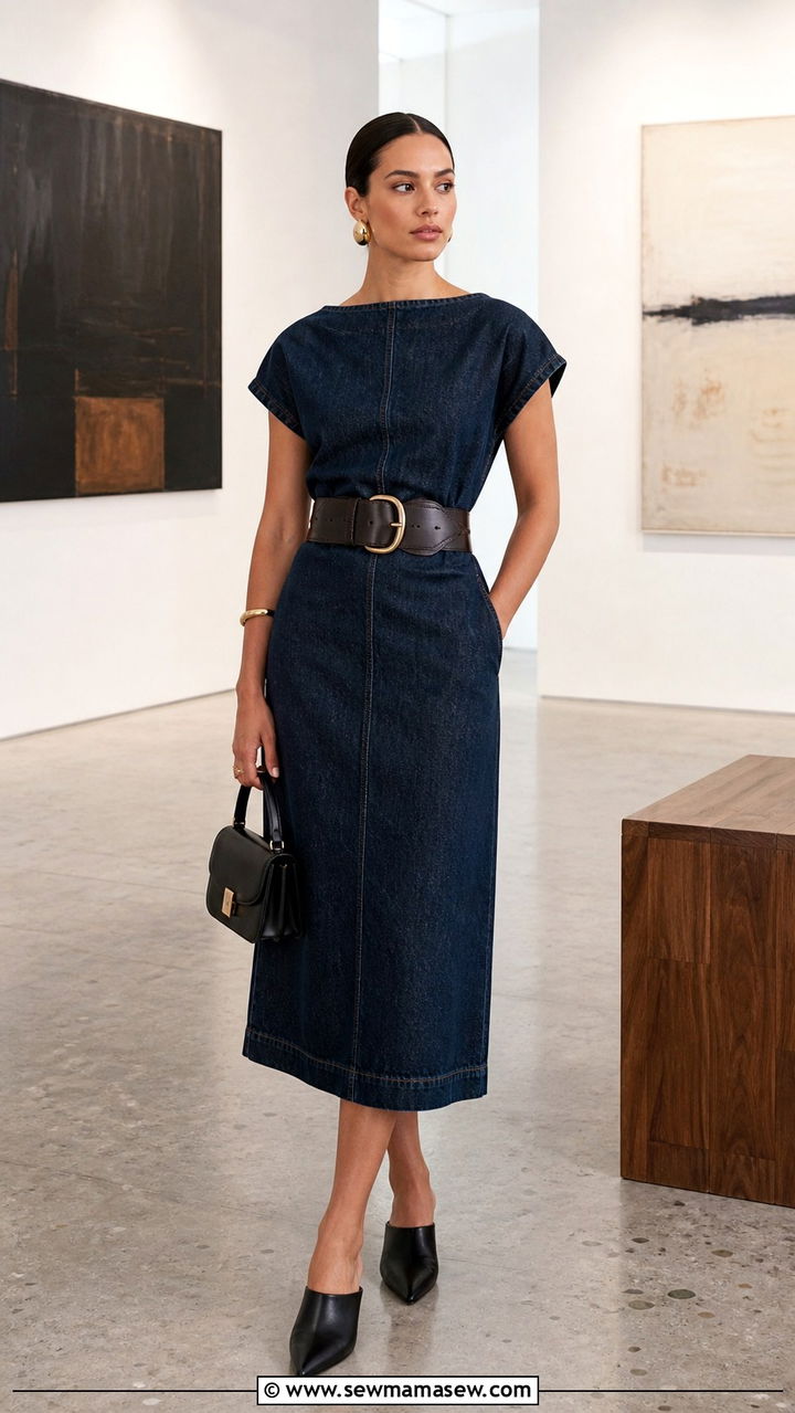 Denim Dress With Statement Belt And Mules - 30 How to style a denim dress