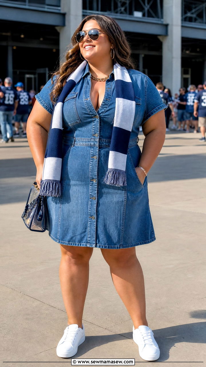 Denim Dress With Team Scarf And White Sneakers - 30 Football game outfit ideas plus size