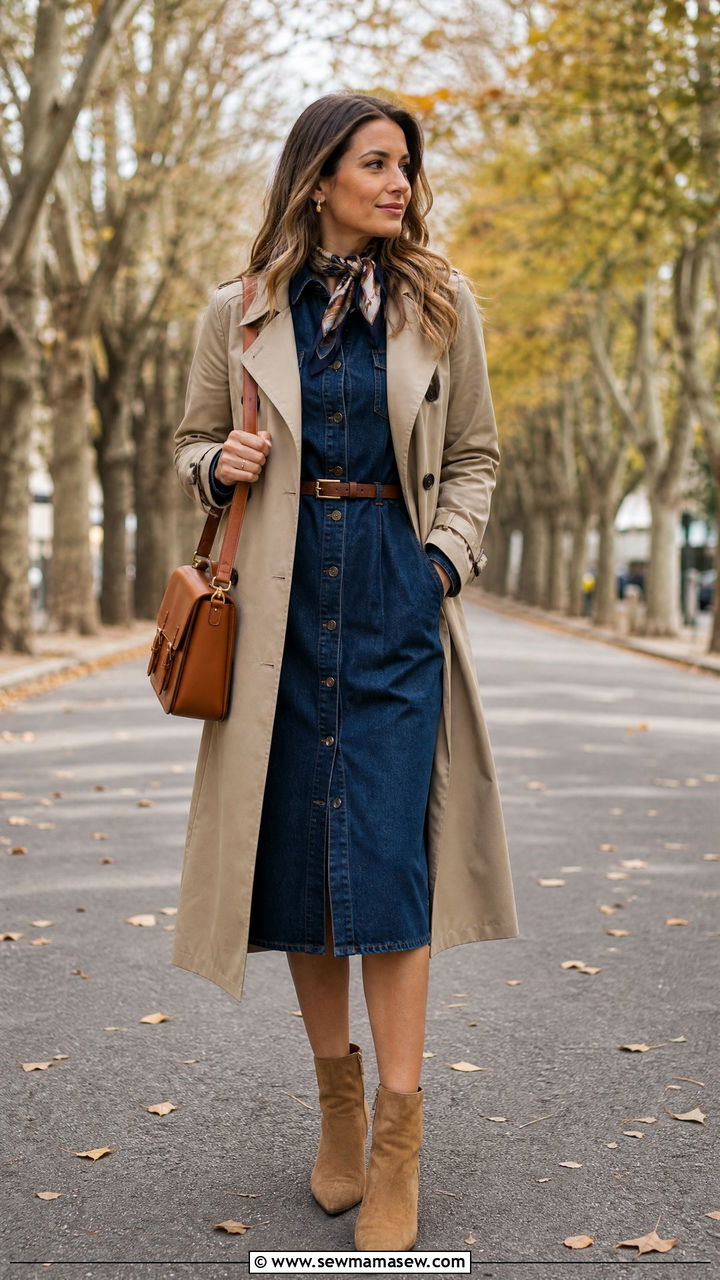 Denim Dress With Trench Coat And Ankle Boots - 30 How to style a denim dress