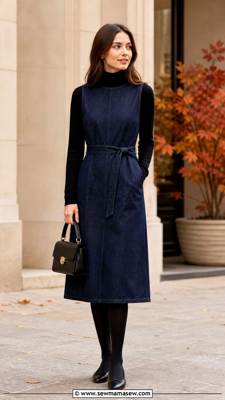 Denim Dress With Turtleneck And Ballet Flats - 40 Denim dress outfit ideas