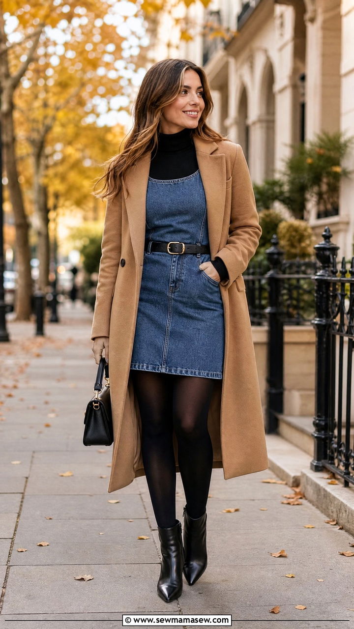 Denim Dress With Turtleneck And Tights - 30 How to style a denim dress