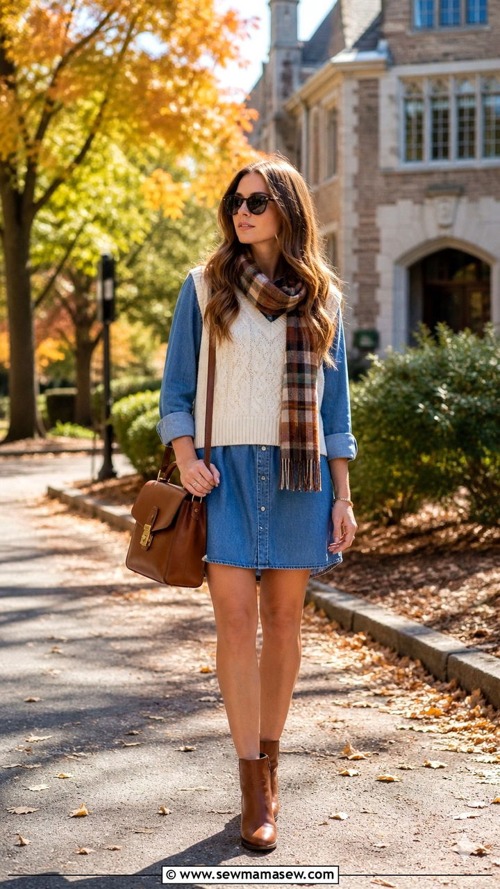 Denim Dress With Vest Sweater And Ankle Boots - 40 Denim dress outfit ideas