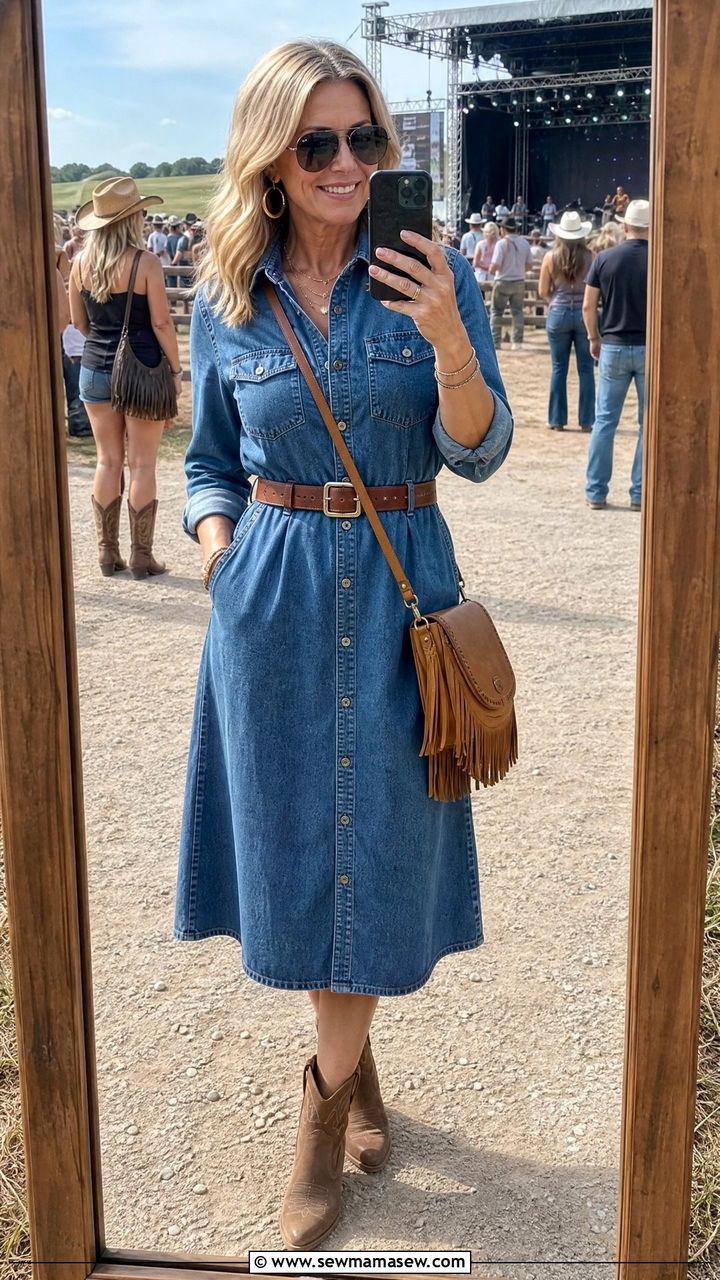 Denim Dress With Western Ankle Boots - 30 summer concert outfits for women over 40