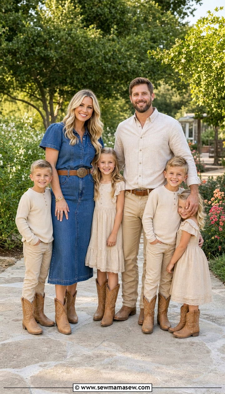Denim Dress and Beige Neutrals Family Photo Outfits with a Western Twist - 25 Family photo outfit ideas summer 2026