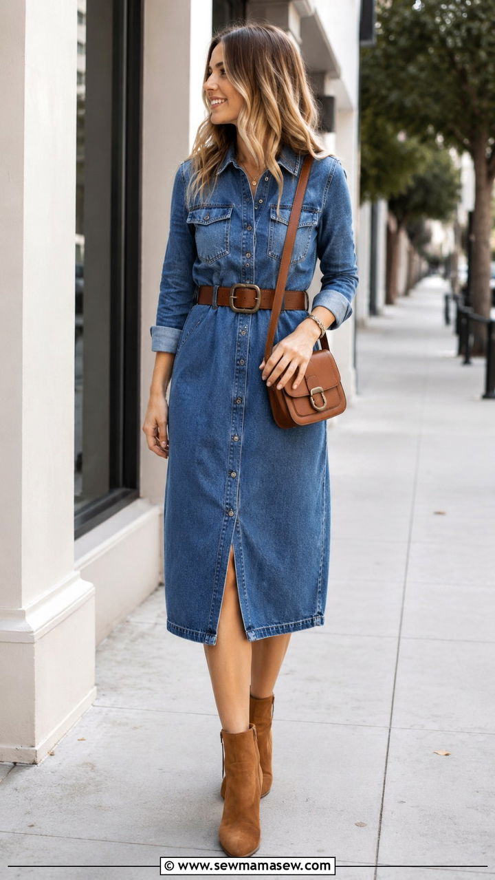 Denim Dress with Ankle Boots - 30 Transitional dress outfit ideas