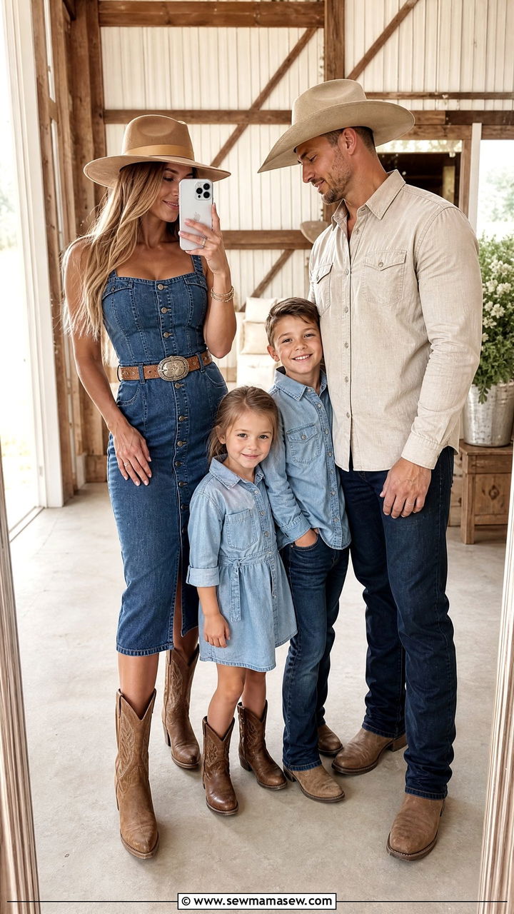 Denim Dress with Beige Neutrals Western Family Look - 30 summer family photoshoot outfit ideas