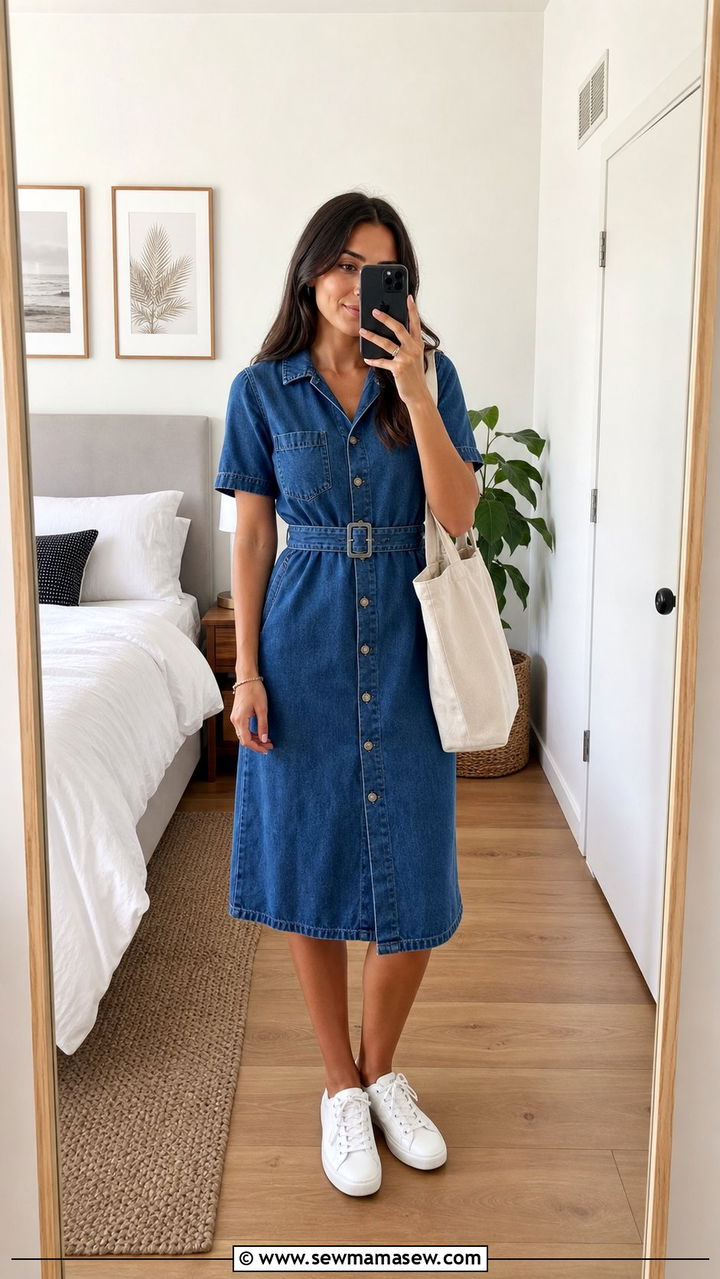 Denim Dress with White Sneakers - 35 casual Friday outfit ideas