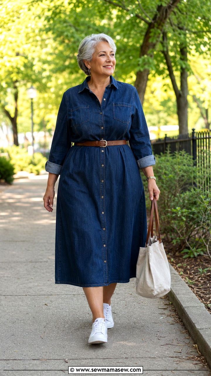 Denim Dress with White Sneakers - 25 Plus size outfits for women over 60