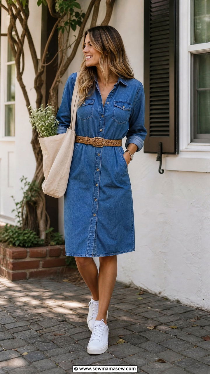 Denim Dress with White Sneakers Outfit - 25 how to style dress outfits