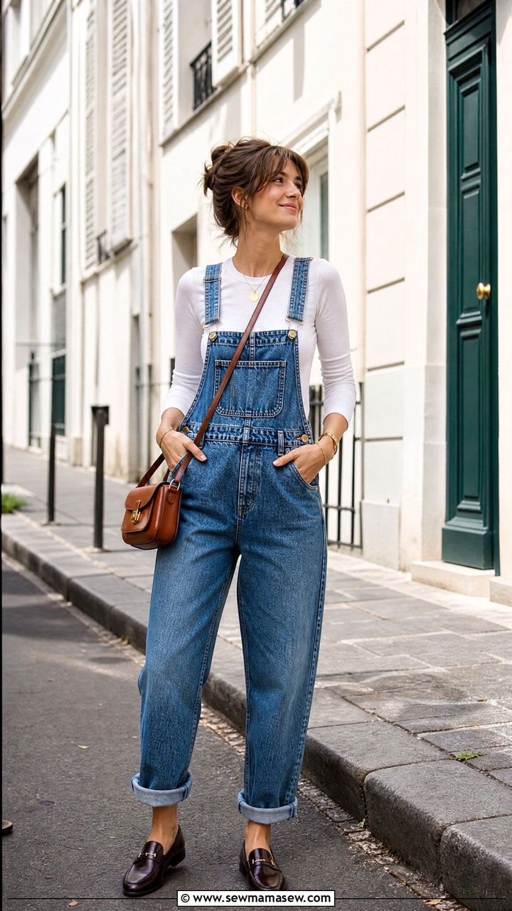 Denim Dungarees With Long Sleeve Top Outfit - 30 French girl outfit ideas with jeans
