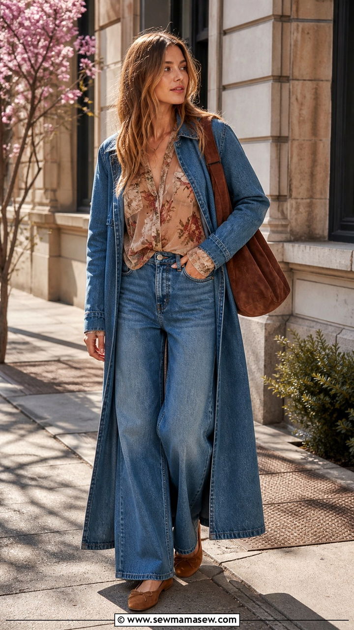 Denim Duster Coat and Wide Leg Jeans - 20 Boho outfit ideas Sienna Miller style