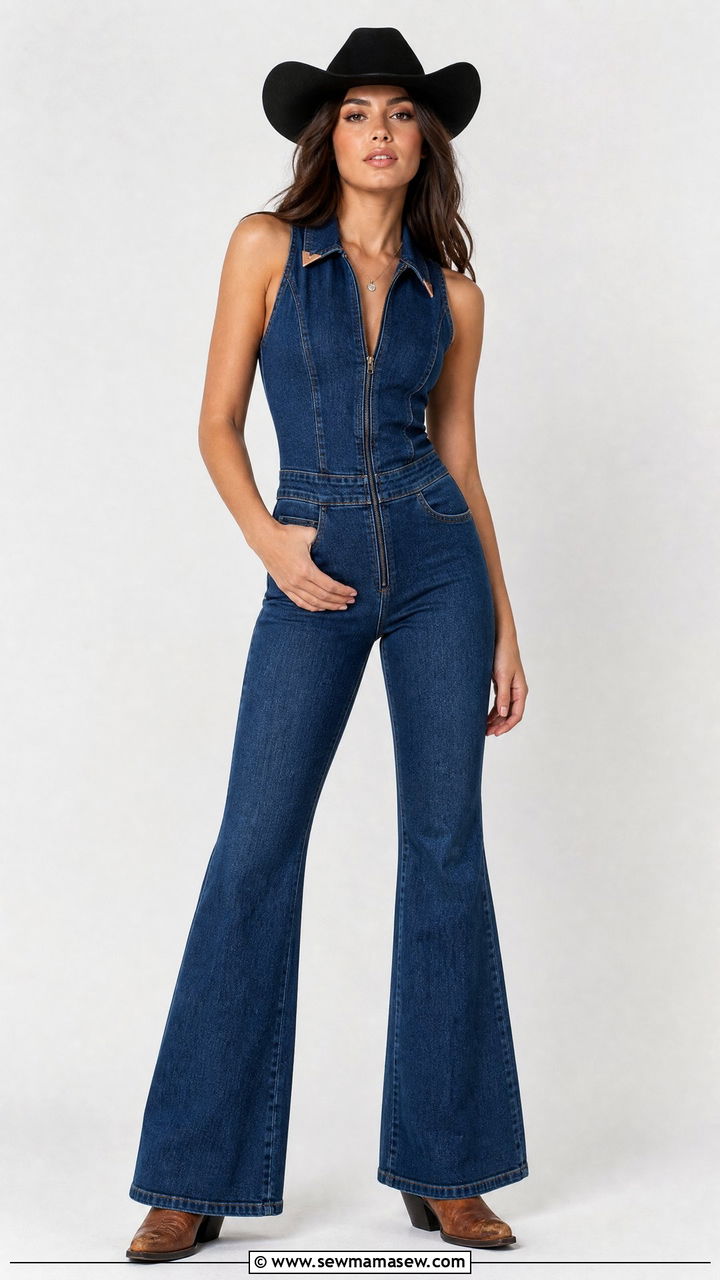 Denim Flare Catsuit With Cowboy Boots - 20 Western outfit ideas Lainey Wilson style