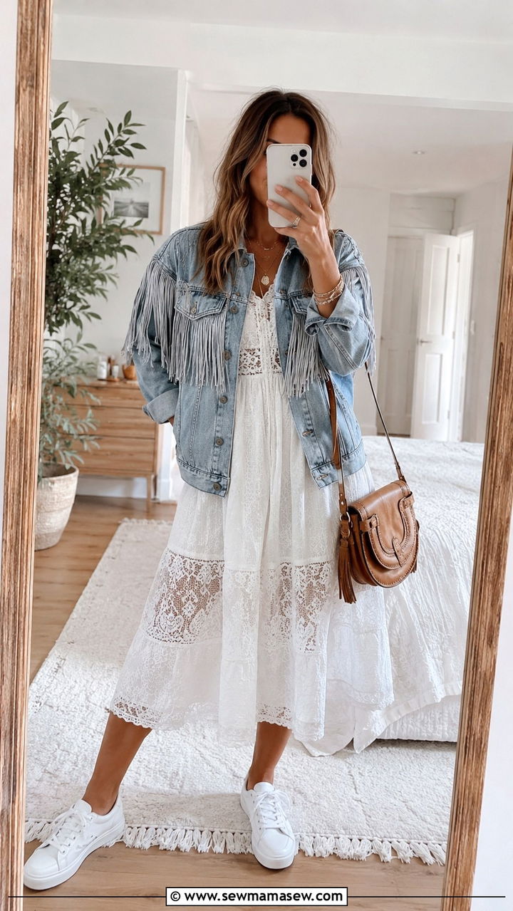 Denim Fringe Jacket With White Lace Dress - 25 Boho outfit ideas with fringe jacket