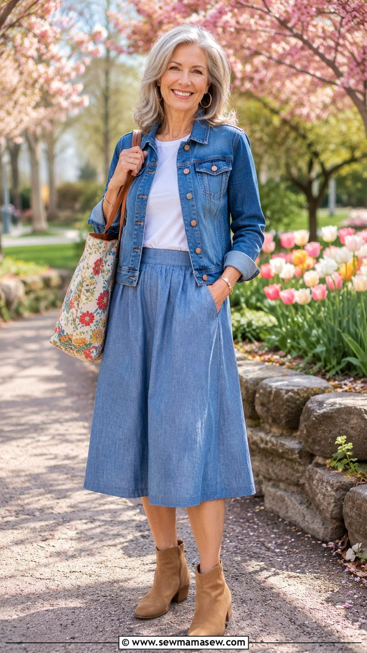 Denim Jacket And A Line Skirt Spring Retirement Outfit - 20 Retirement outfit ideas 2026