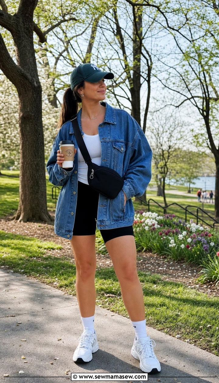 Denim Jacket And Biker Shorts With Tank - 25 Spring outfit ideas for postpartum women