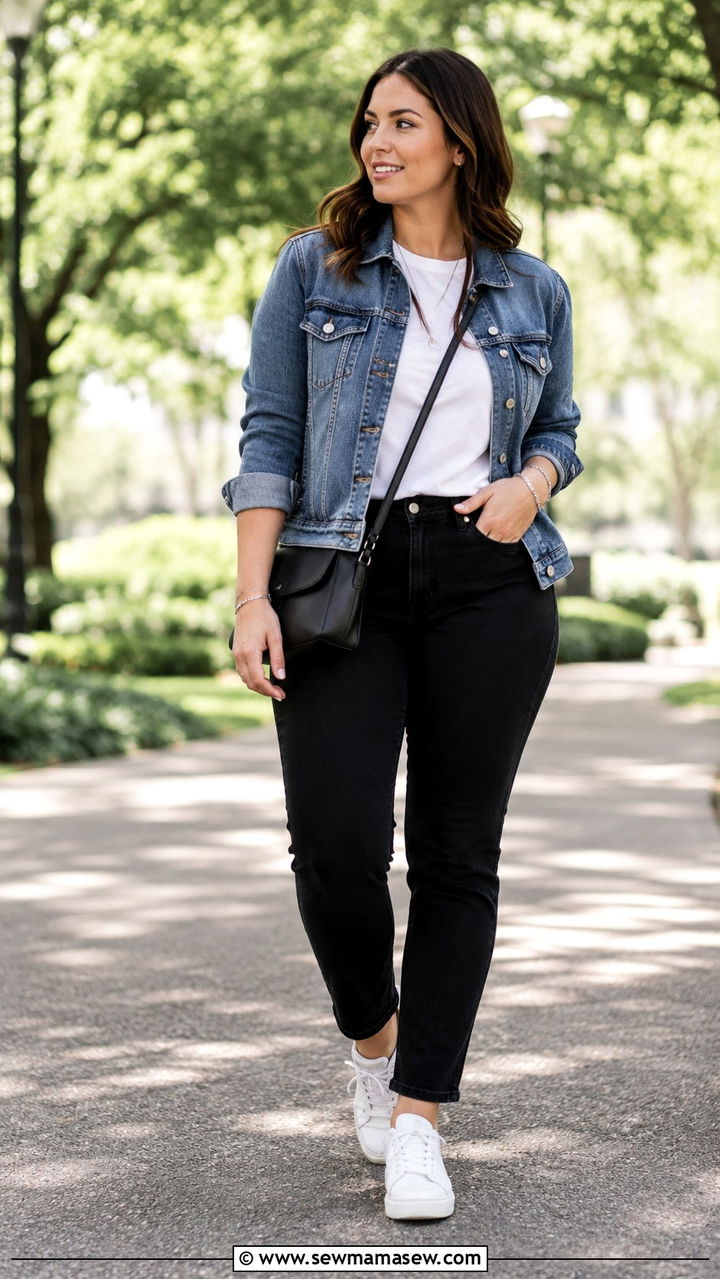 Denim Jacket And Black Slim Leg Jeans - 30 Minimalist outfits for curvy women