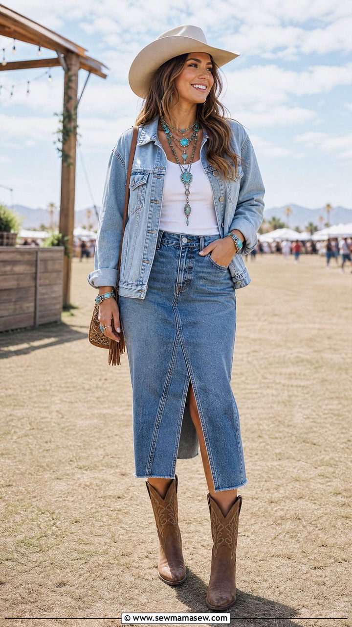 Denim Jacket And Denim Skirt With Turquoise Accessories - 30 Country music festival outfit ideas 2026
