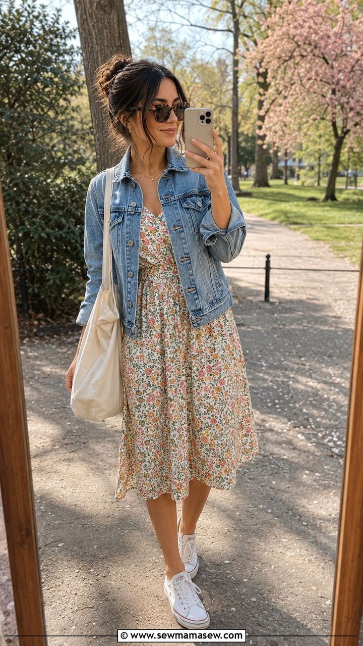 Denim Jacket And Floral Dress Outfit 65 Degrees - 20 Summer outfits for 65 degree weather