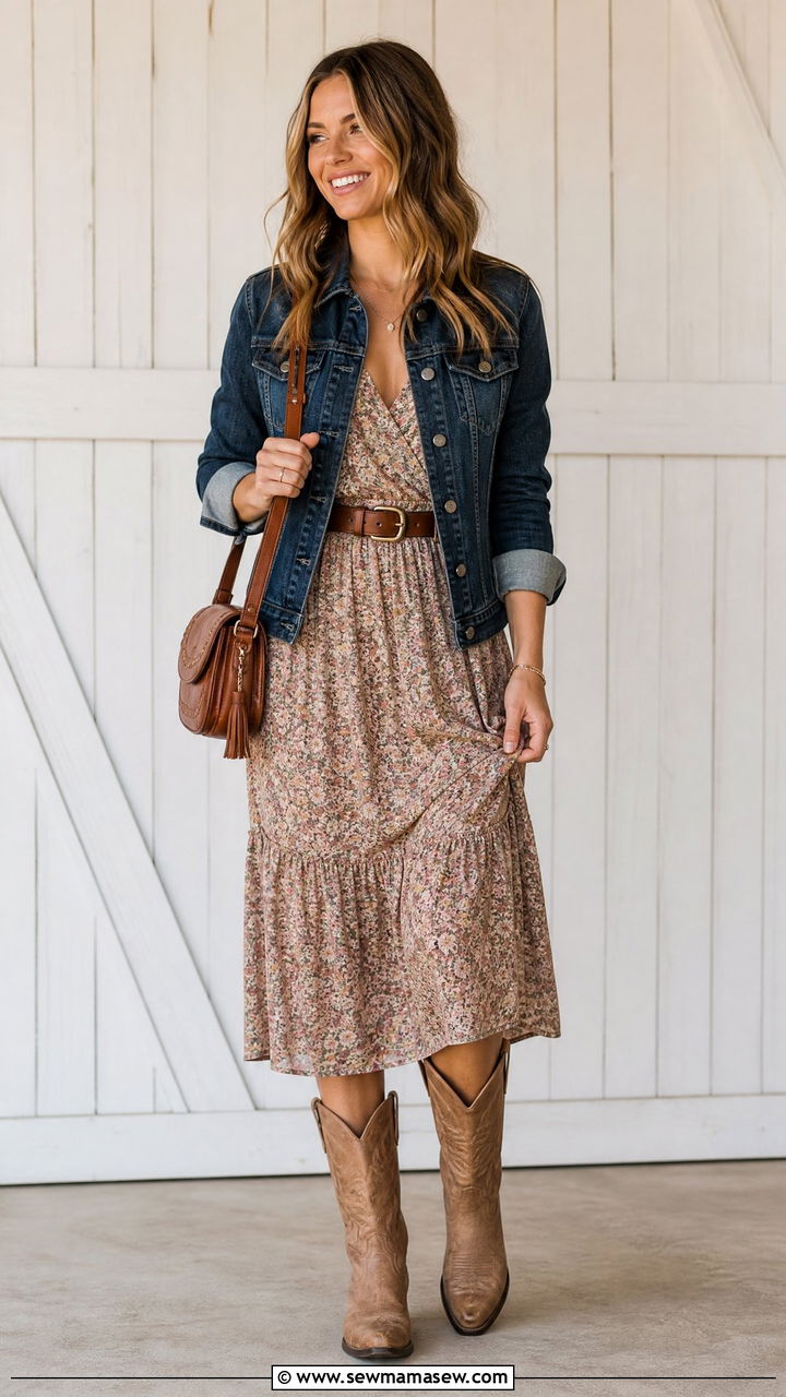 Denim Jacket And Floral Dress With Cowboy Boots - 20 How to style cowboy boots for a wedding