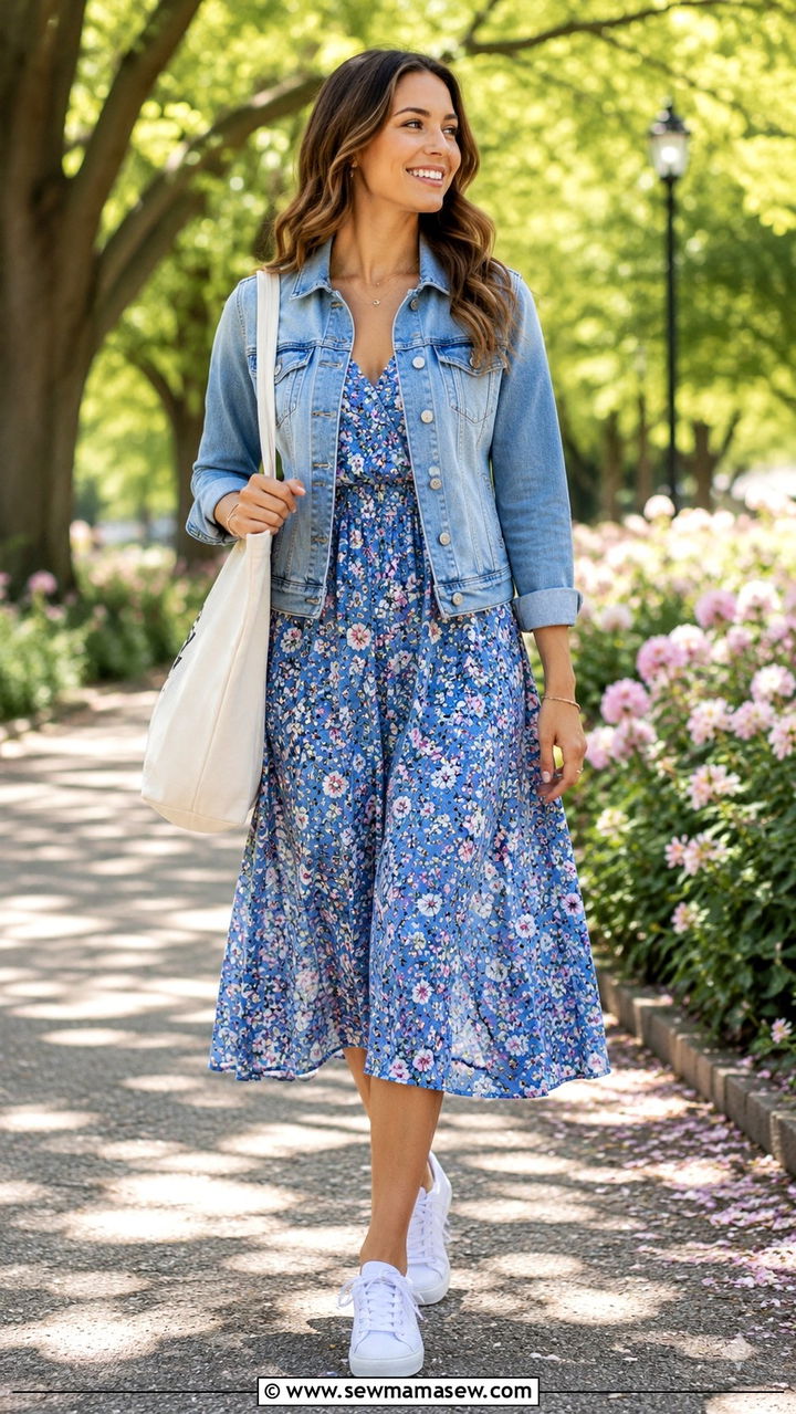 Denim Jacket And Floral Midi Dress - 30 May Mother's Day outfit ideas