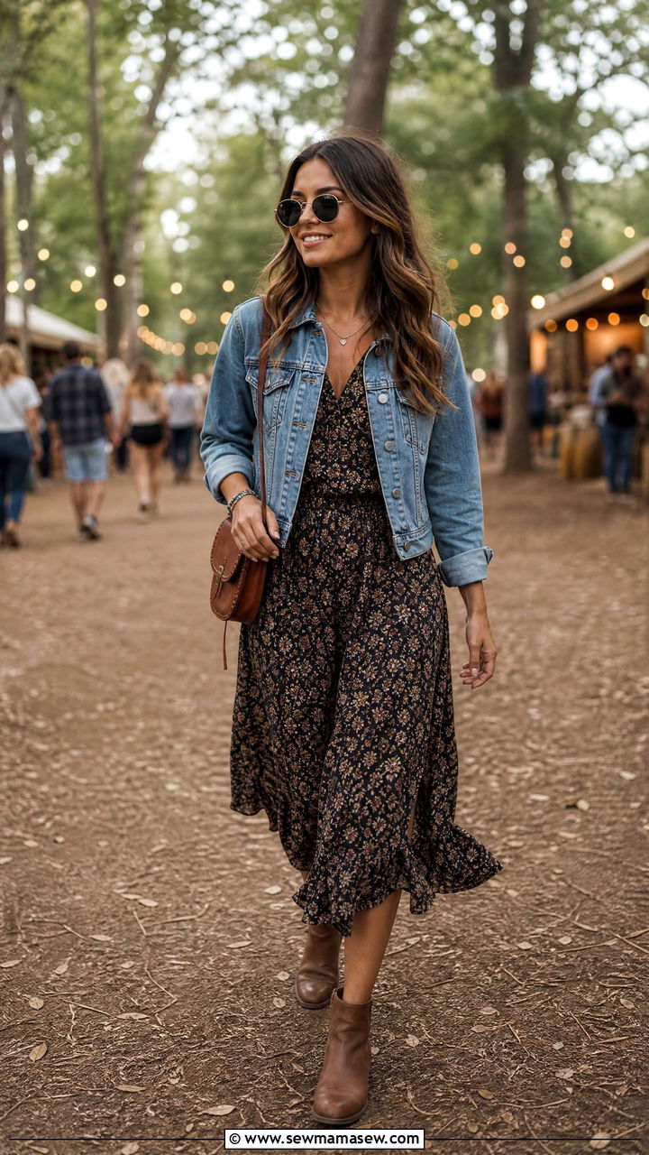 Denim Jacket And Floral Midi Dress Outfit - 25 Firefly Festival outfit ideas