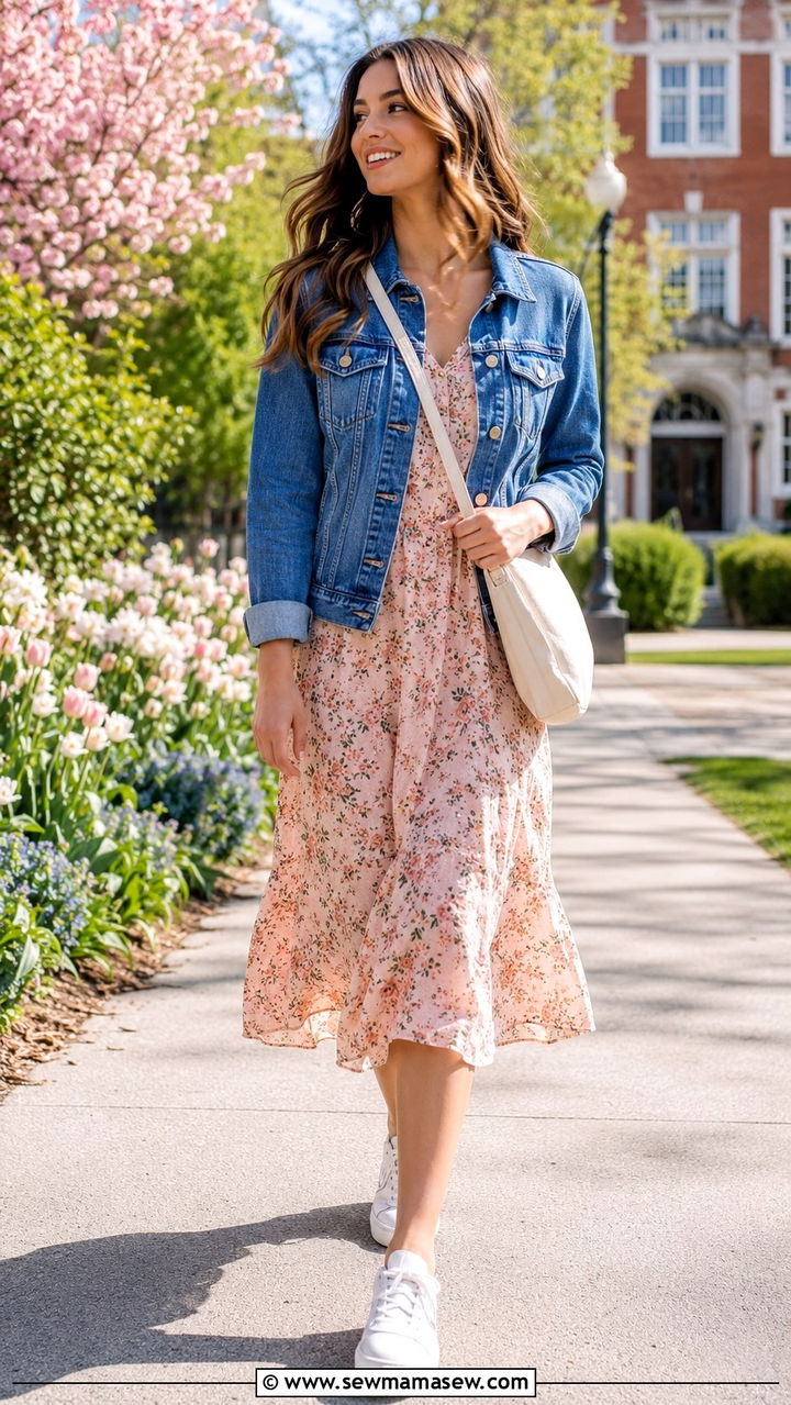 Denim Jacket And Floral Midi Dress School Outfit - 30 classy school outfits