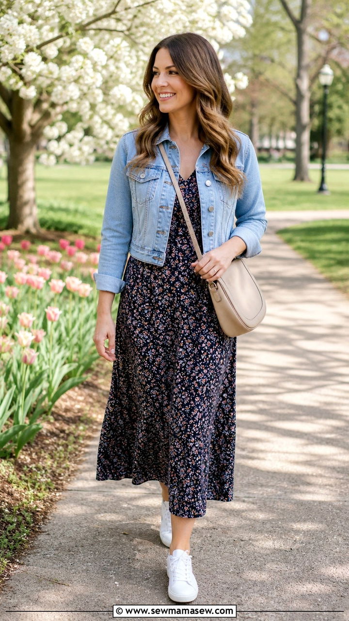 Denim Jacket And Floral Midi Dress With White Sneakers - 40 spring outfits for moms