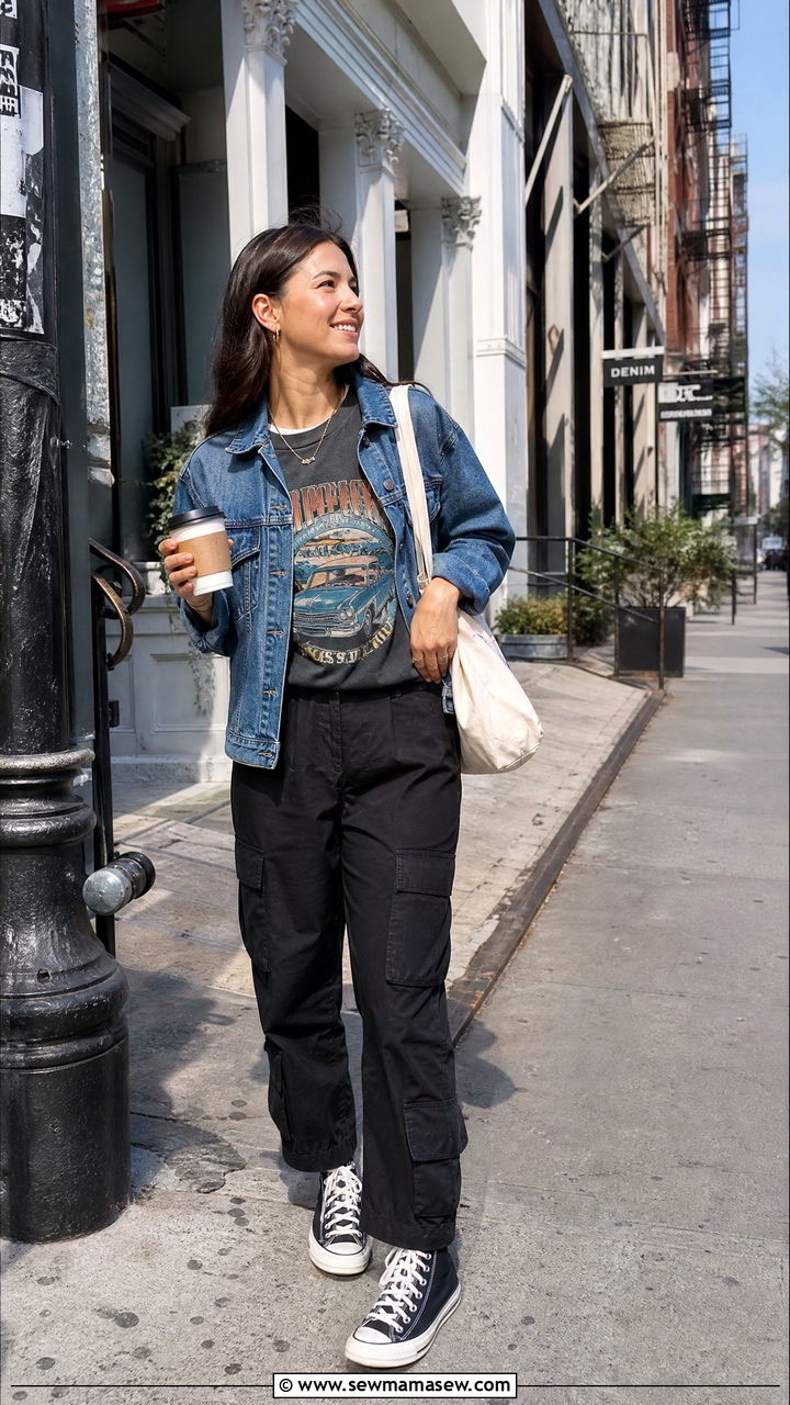 Denim Jacket And Graphic Tee With Cargo Pants - 25 classy cargo pants outfits