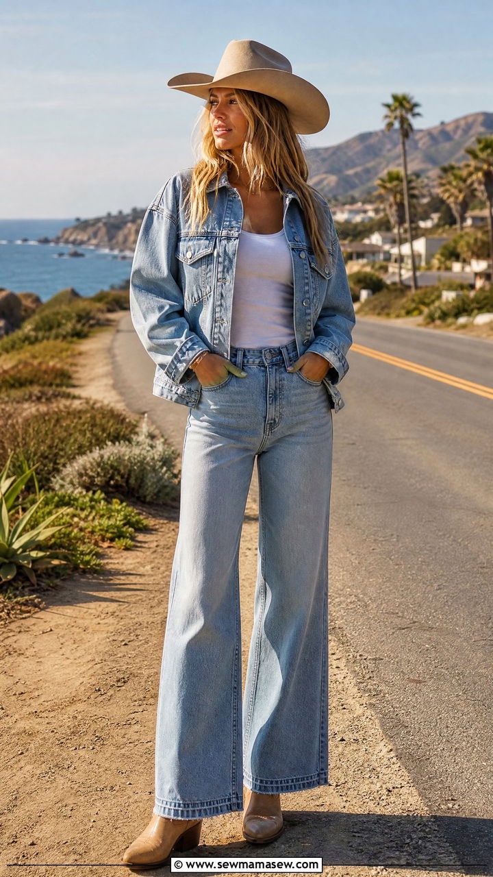 Denim Jacket And Jeans With A Cowboy Hat - 25 classy coastal cowgirl outfit ideas