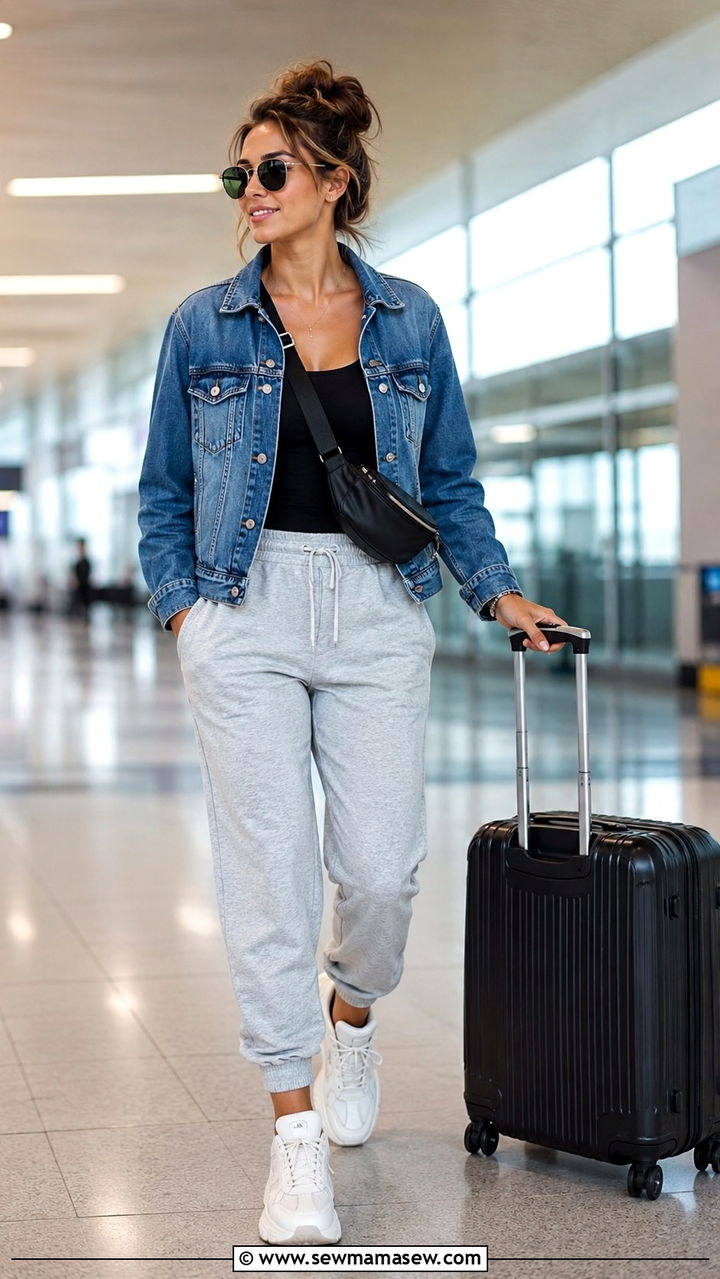 Denim Jacket And Joggers Travel Outfit - 30 How to style a denim jacket for travel