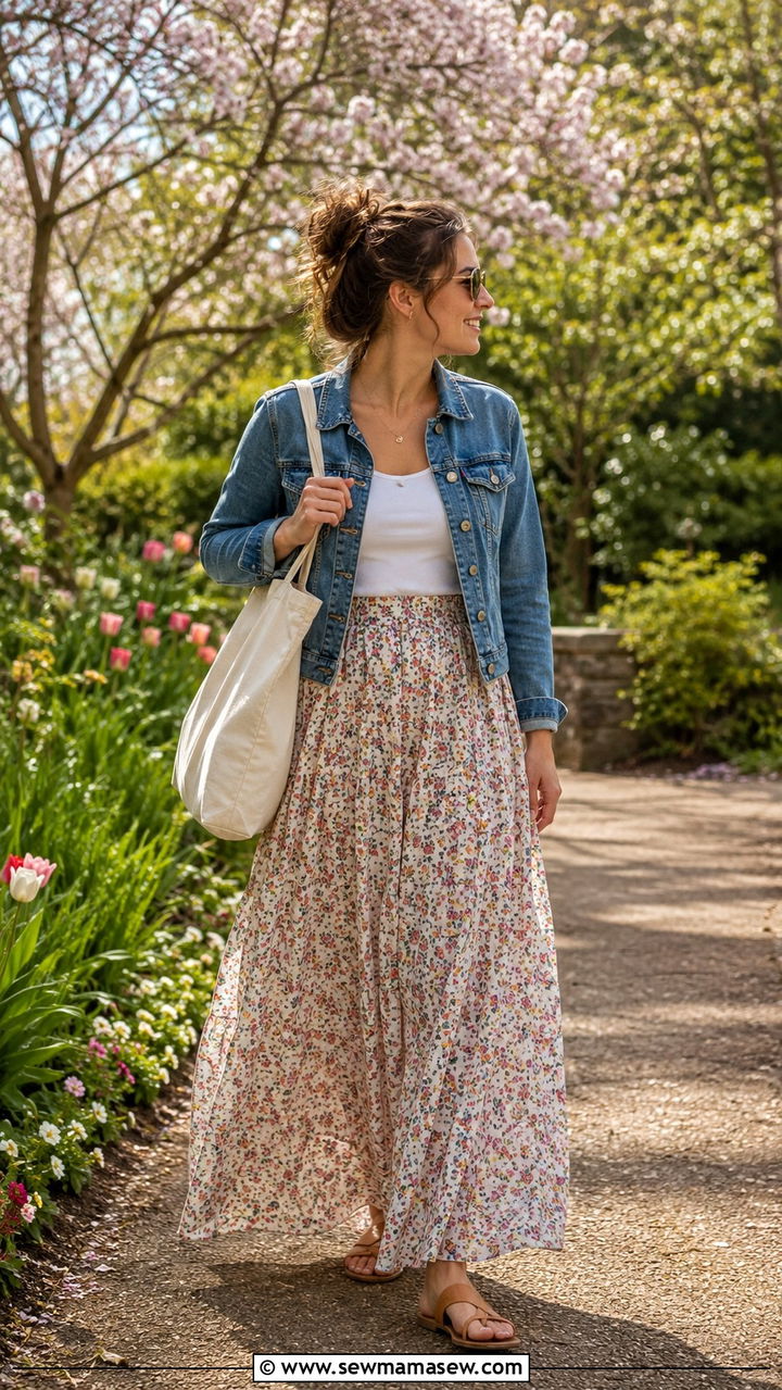 Denim Jacket And Maxi Skirt Mom Outfit - 25 Mom uniform outfit ideas
