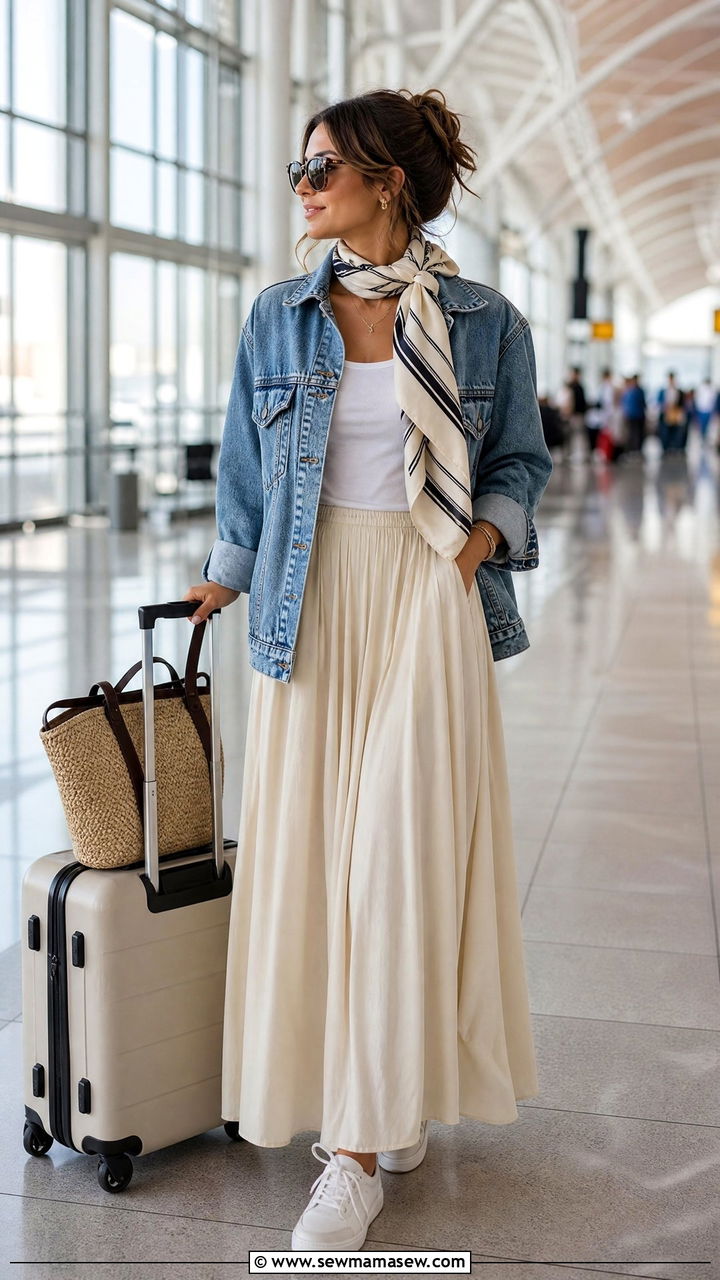 Denim Jacket And Maxi Skirt Travel Look - 30 Europe airport outfit ideas