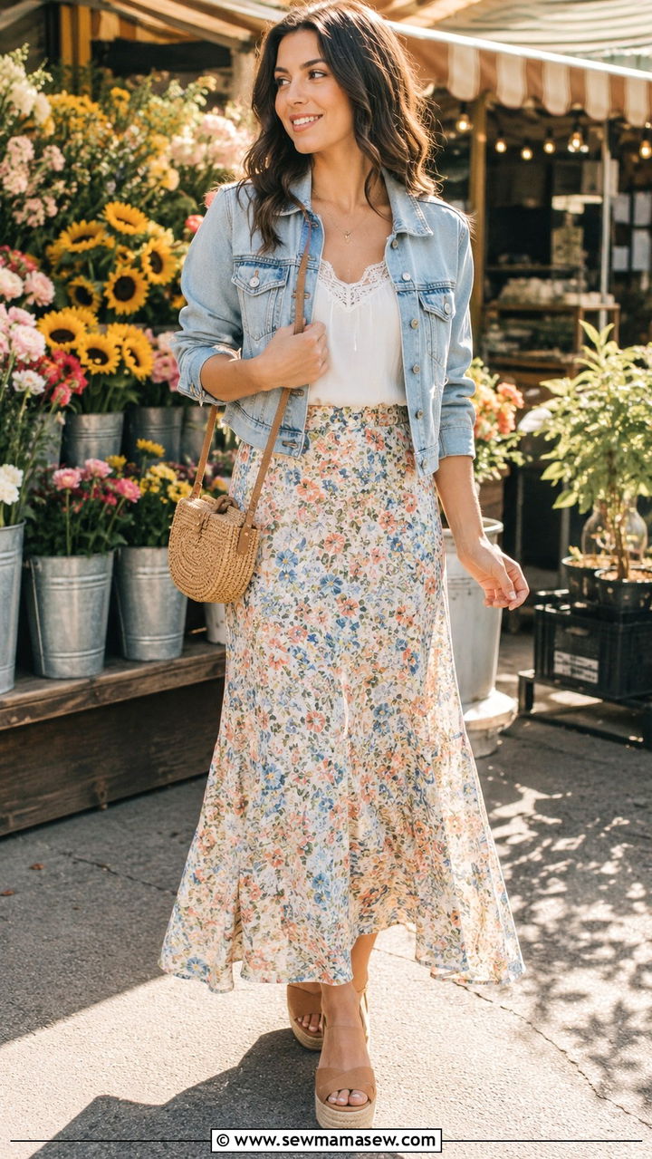 Denim Jacket And Maxi Skirt With Wedges - 30 Spring outfits with wedges