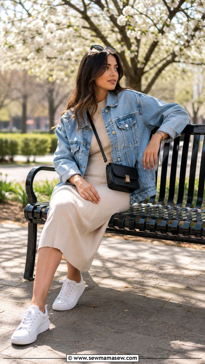 Denim Jacket And Midi Dress With Crossbody Bag - 20 spring outfits with crossbody bag