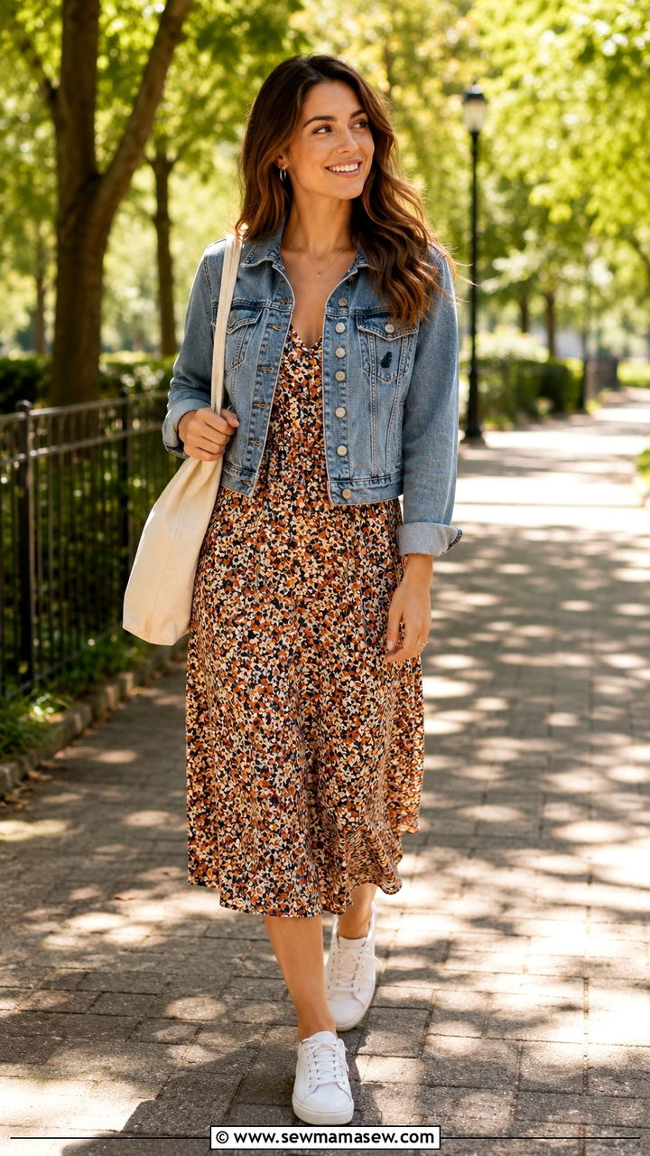 Denim Jacket And Midi Dress With Sneakers - 30 Midi dress for brunch outfit ideas