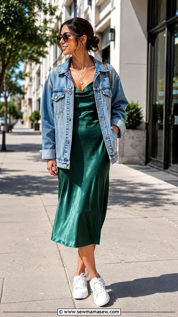 Denim Jacket And Satin Midi Dress For In Between Weather - 25 transitional travel outfit ideas