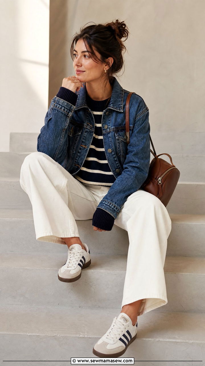 Denim Jacket And Striped Sweater Layered Campus Outfit - 25 Fashion for college sophomore