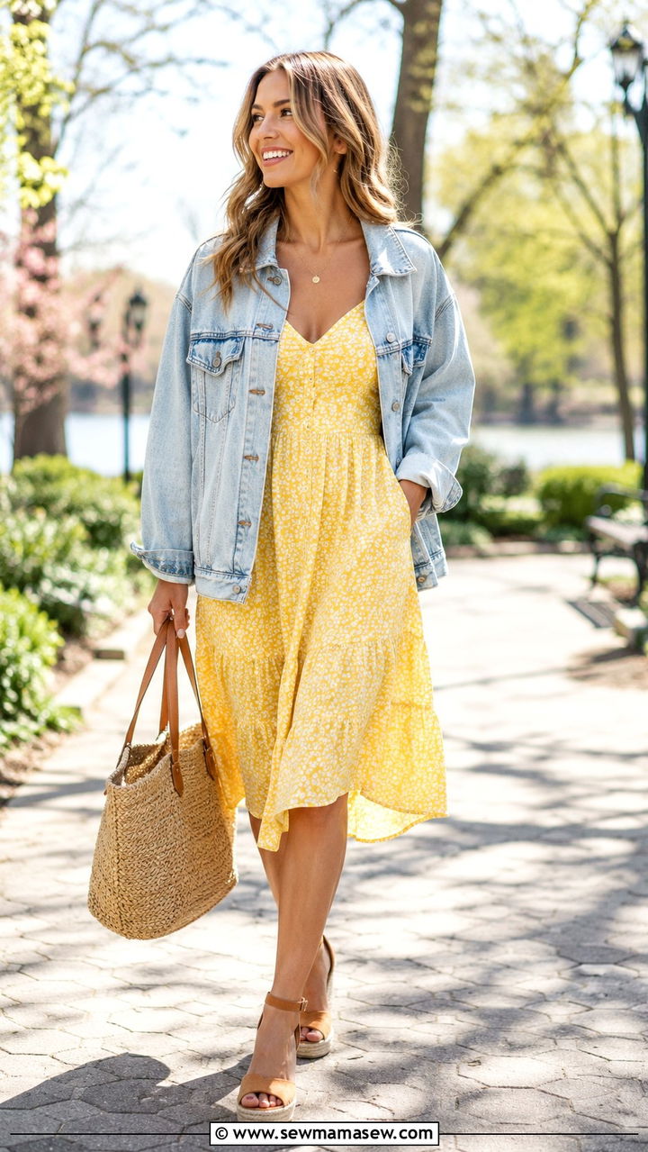 Denim Jacket And Sundress With Espadrilles - 30 Spring outfits with sandals