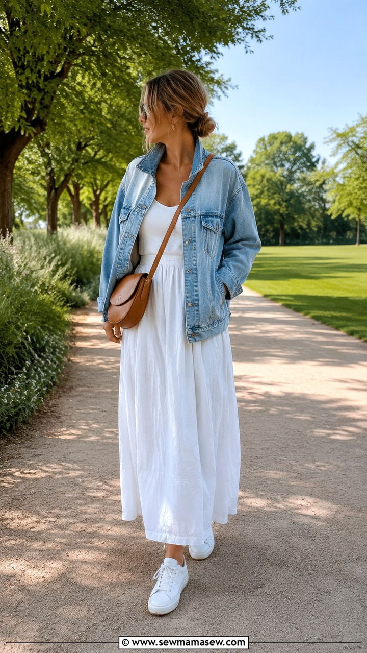 Denim Jacket And White Maxi Skirt - 30 Scandi minimalist outfit ideas