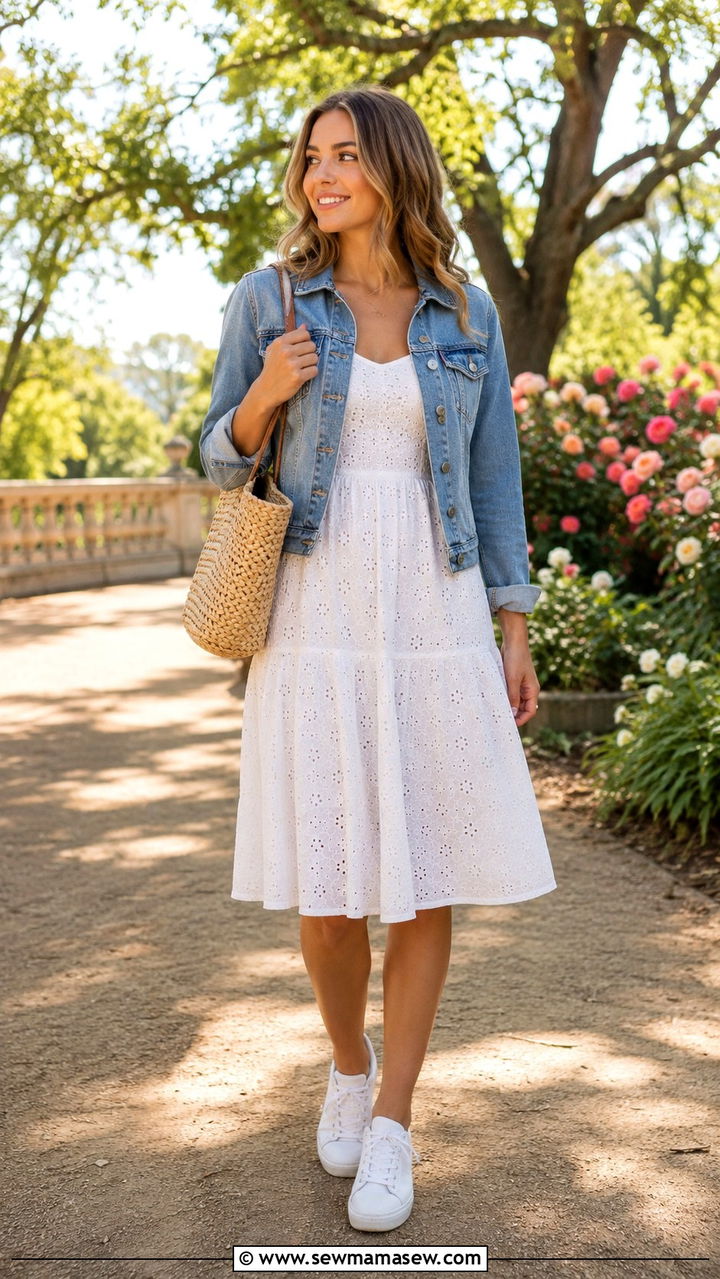 Denim Jacket And White Sundress Brunch Outfit - 30 brunch outfit ideas for women