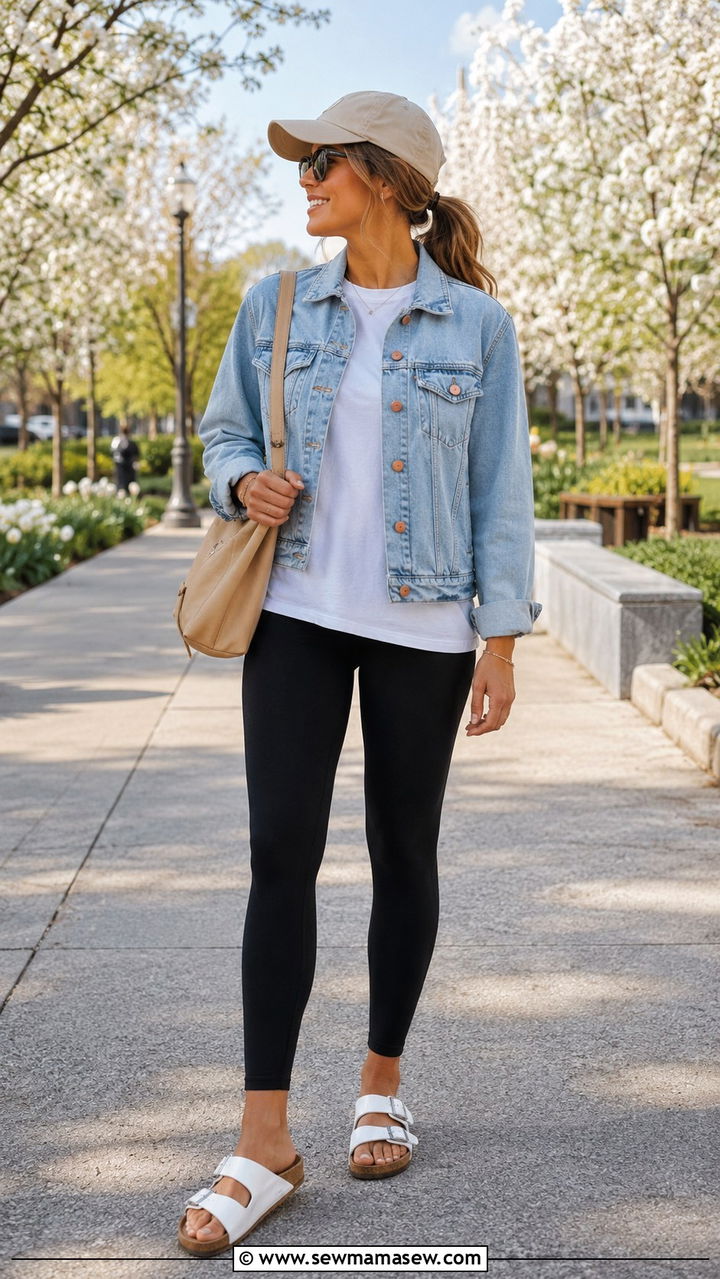 Denim Jacket Black Leggings and White Sandals - 20 Preppy spring outfits