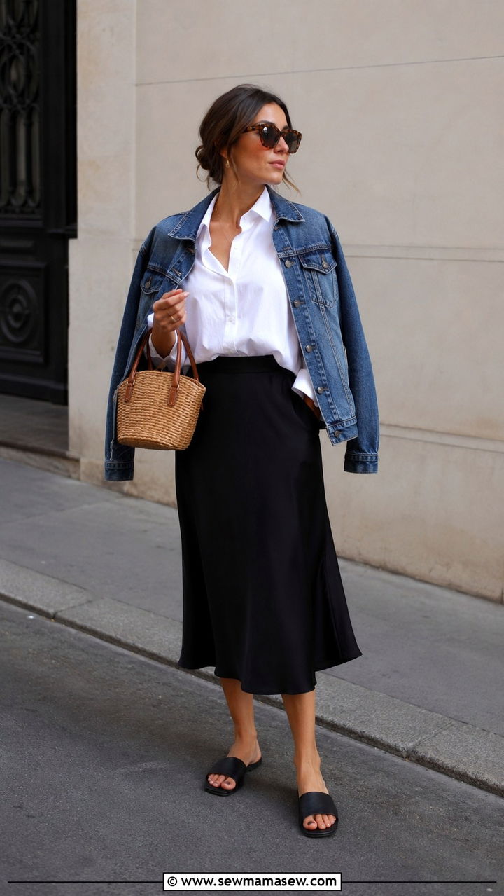 Denim Jacket Draped Over the Shoulders with a Black Midi Skirt - 30 Parisian street style outfit ideas