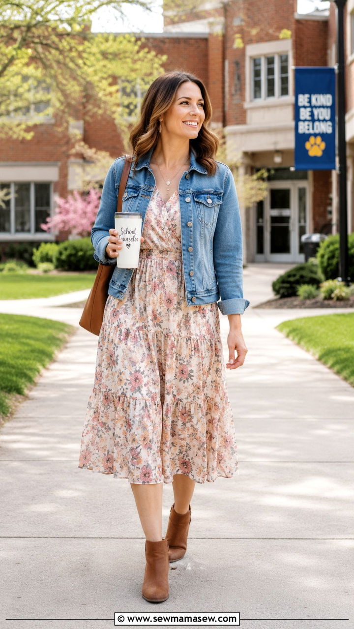Denim Jacket Floral Midi Dress Ankle Booties - 30 School counselor outfit ideas