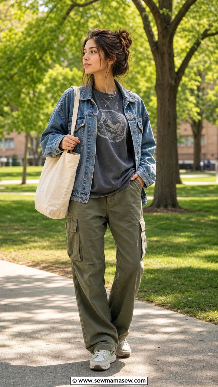 Denim Jacket Graphic Tee Cargo Pants Outfit - 25 college outfits aesthetic
